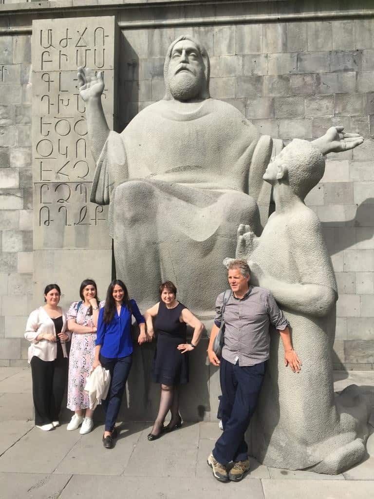 Outside the Armenian National Archive Dr Anna Latorre, Honorary Lecturer in Neurology, UCL, Mr Ian Mather, Retired Public Health Consultant, Birmingham, Prof Hugh Rickards, Prof Marie Vidailhet, Head of Movement Disorders, Salpetriere Hospital and Sorbonne University, Paris.