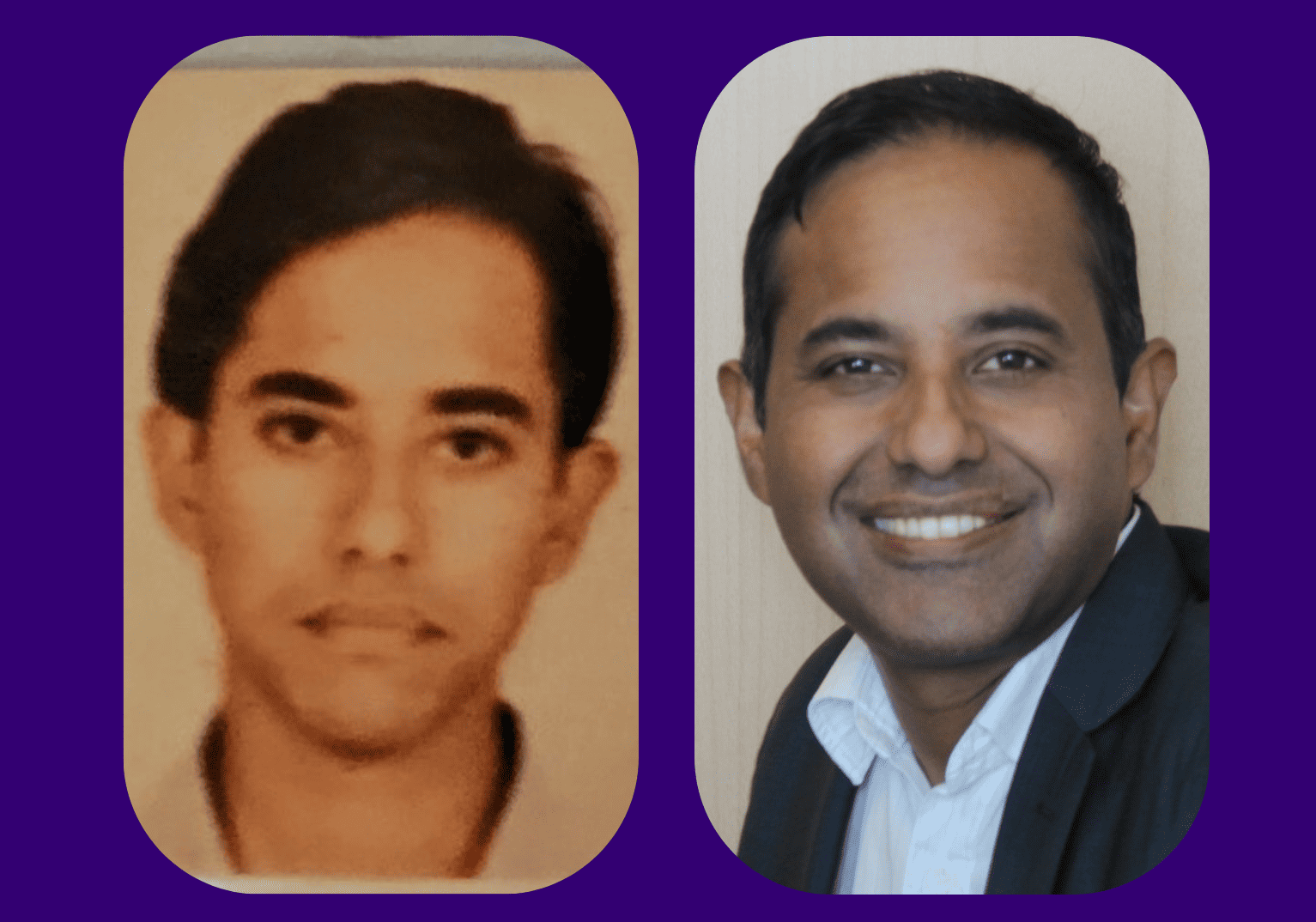 A picture of Dr Ahmed aged 18 and a picture of Dr Ahmed today, smiling 
