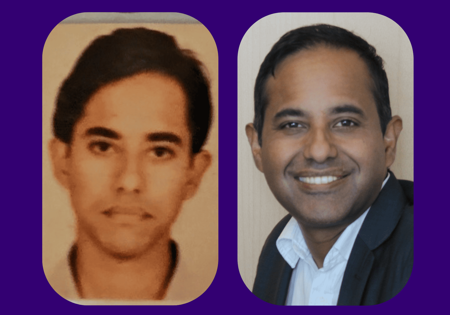 A picture of Dr Ahmed aged 18 and a picture of Dr Ahmed today, smiling