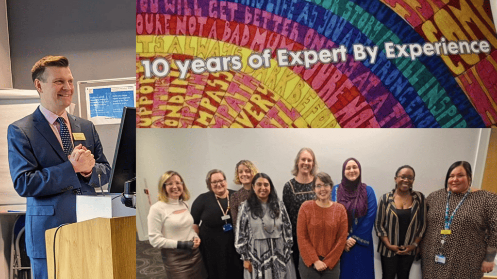 Dr Berrisford, our Peer support workers smiling above a cake that says 10 years of expert by experience 