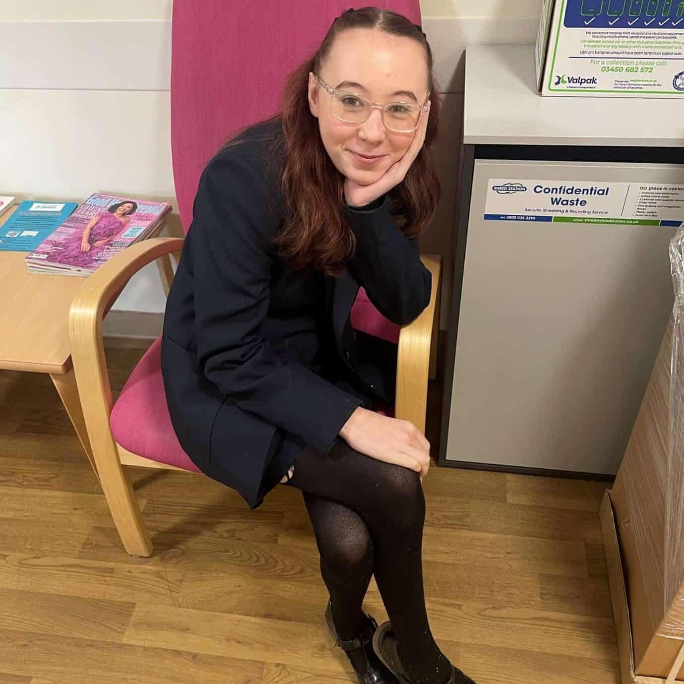 Stevie smiling at her appointment 