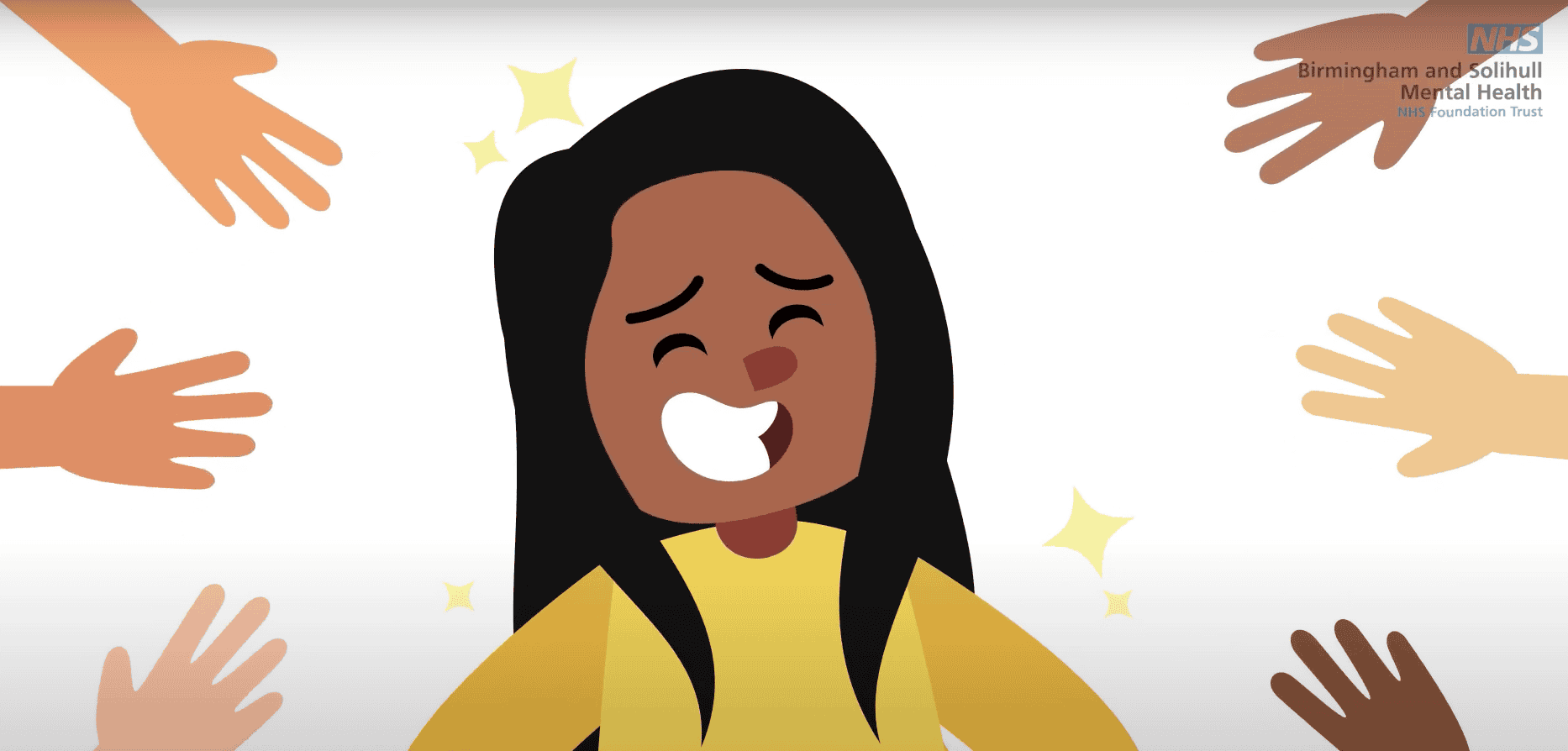 an animated Beth smiling with clapping hands around her