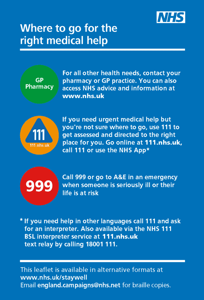 Where to go for the right medical help * 111.nhs.uk 999 Call 999 or go to A&E in an emergency when someone is seriously ill or their life is at risk GP Pharmacy If you need help in other languages call 111 and ask for an interpreter. Also available via the NHS 111 BSL interpreter service at 111.nhs.uk text relay by calling 18001 111. This leaflet is available in alternative formats at www.nhs.uk/staywell Email england.campaigns@nhs.net for braille copies