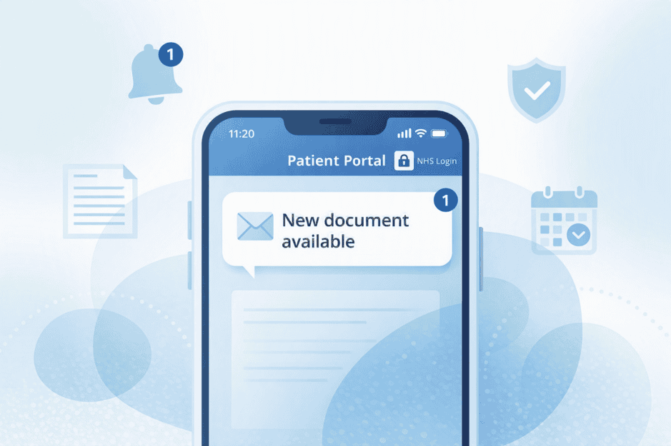 Mobile phone screen showing new document alert in patient portal app.
